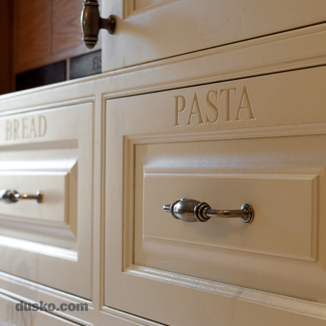 Colonial Style Kitchen in Prestbury, Cheshire Engraved drawer fronts